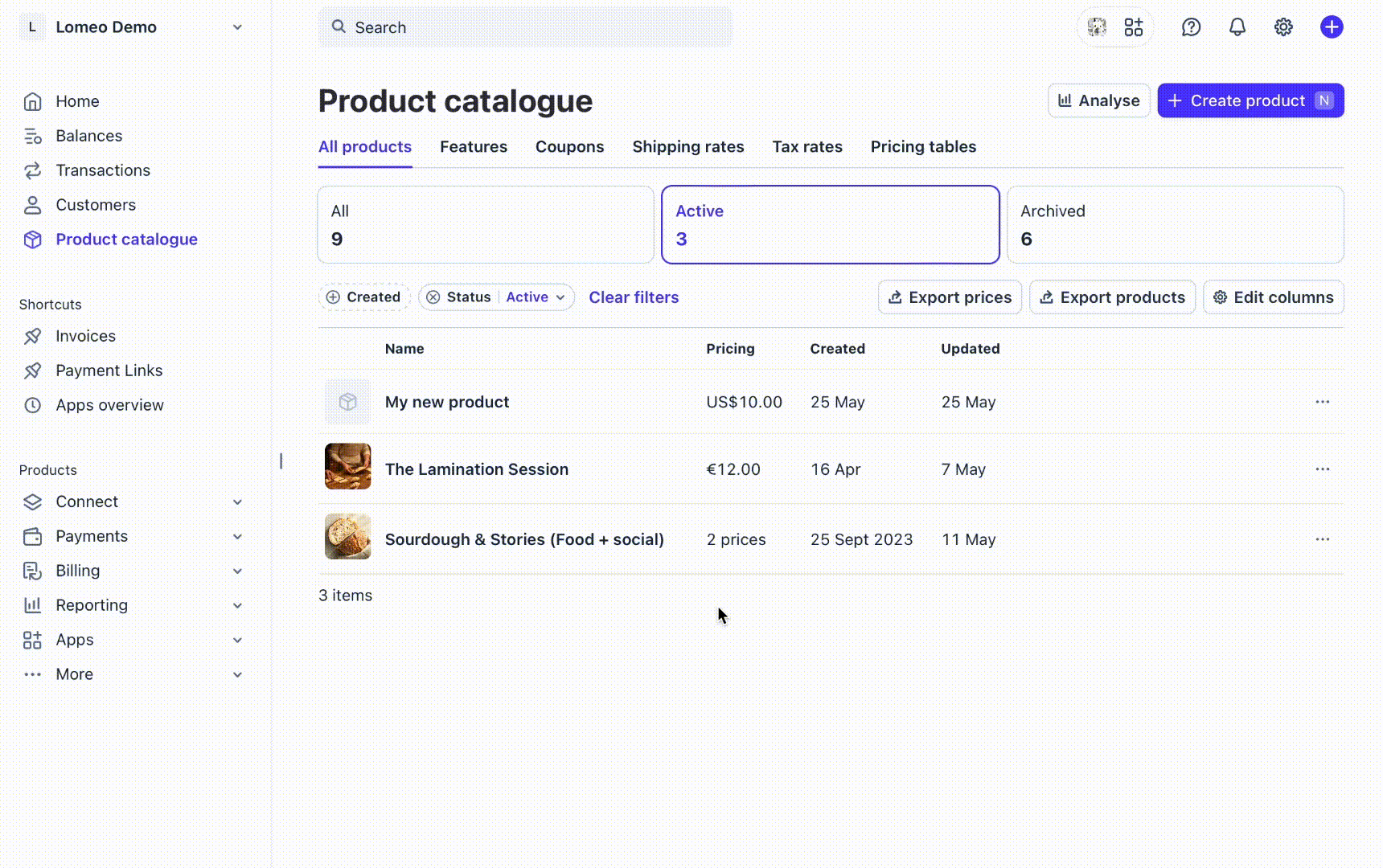 Lomeo ticket setup in the Stripe Dashboard, mark products as tickets on the product detail page