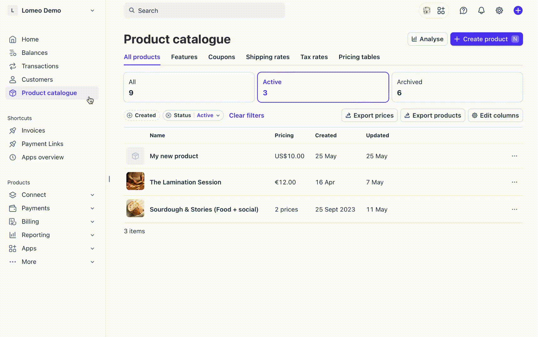 Lomeo ticket setup in the Stripe Dashboard, mark products as tickets on the product list page