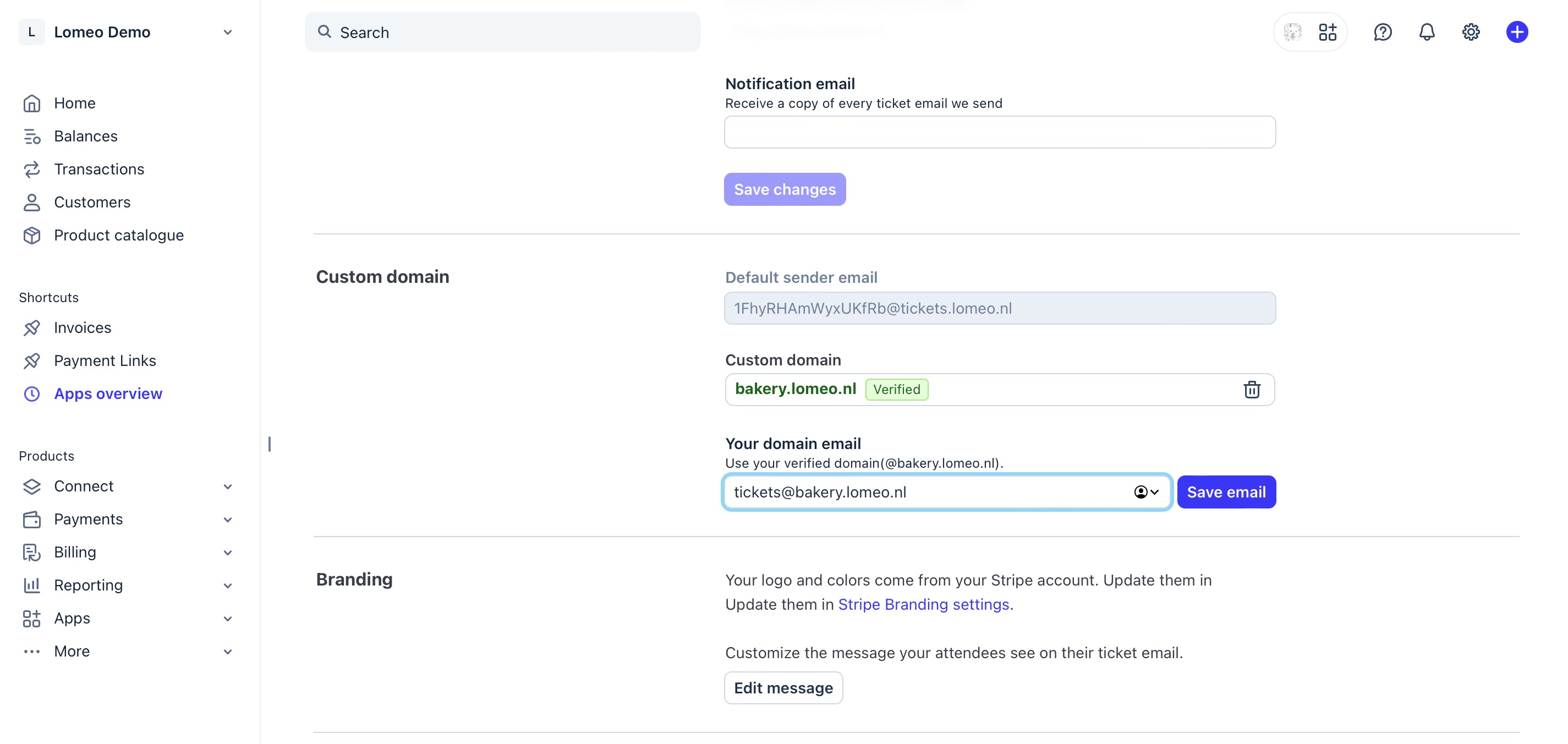 Add domain email address in the Lomeo App Settings page