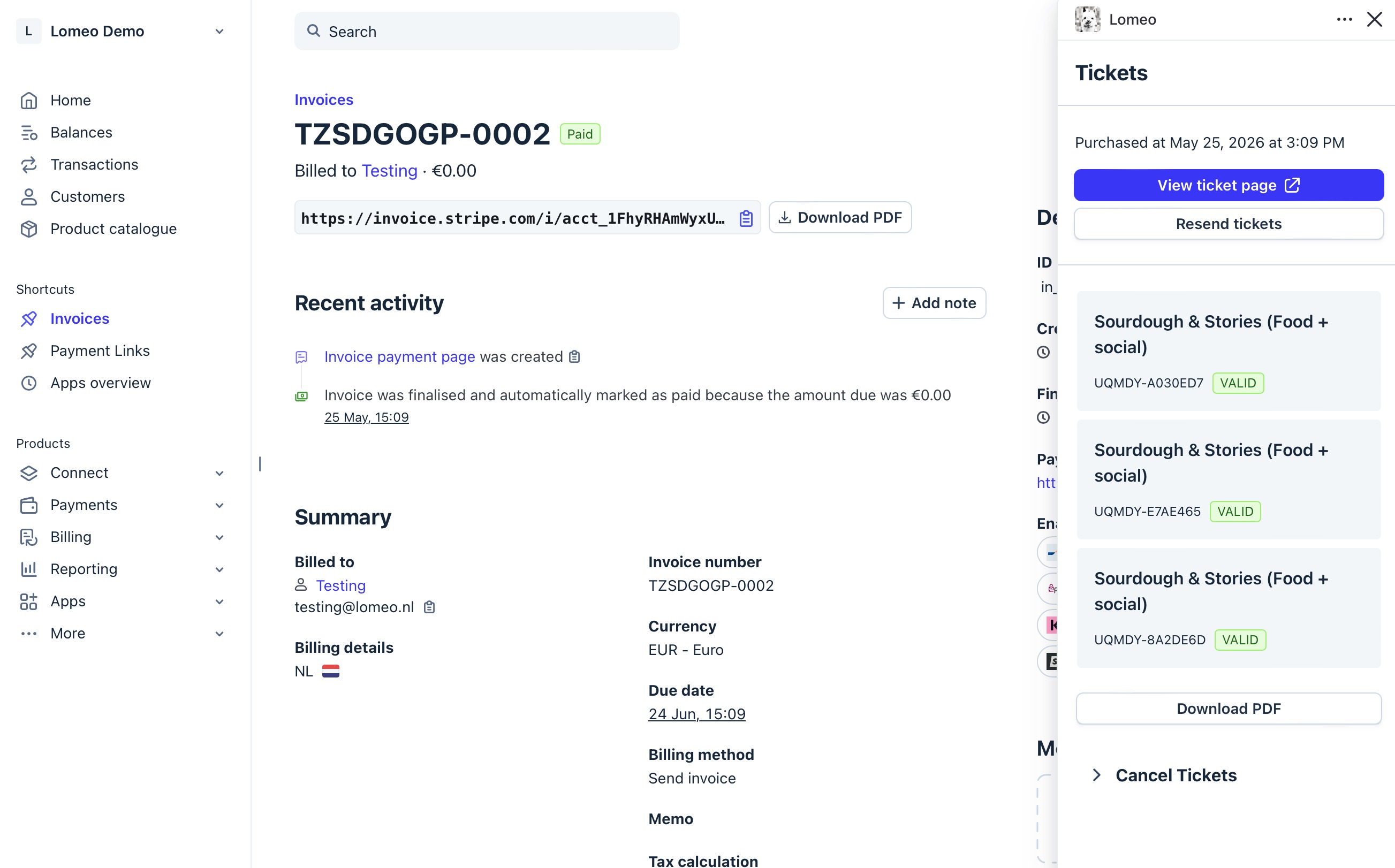 Check ticket details, resend tickets, or cancel tickets for an order on the Invoice or Transaction detail page in the Lomeo drawer